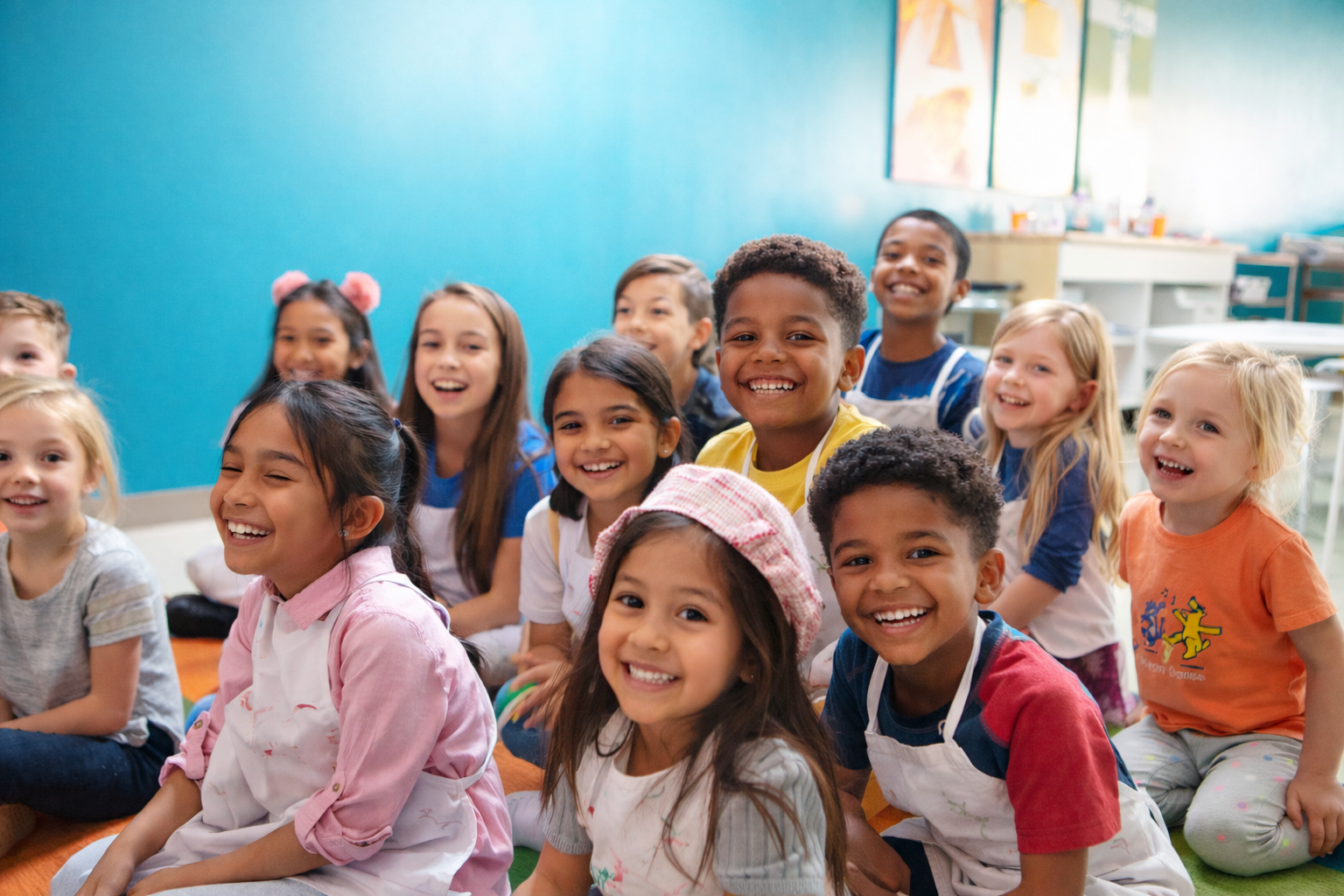 Children in white aprons sitting together on a colorful rug during class at a Kidcreate Studio