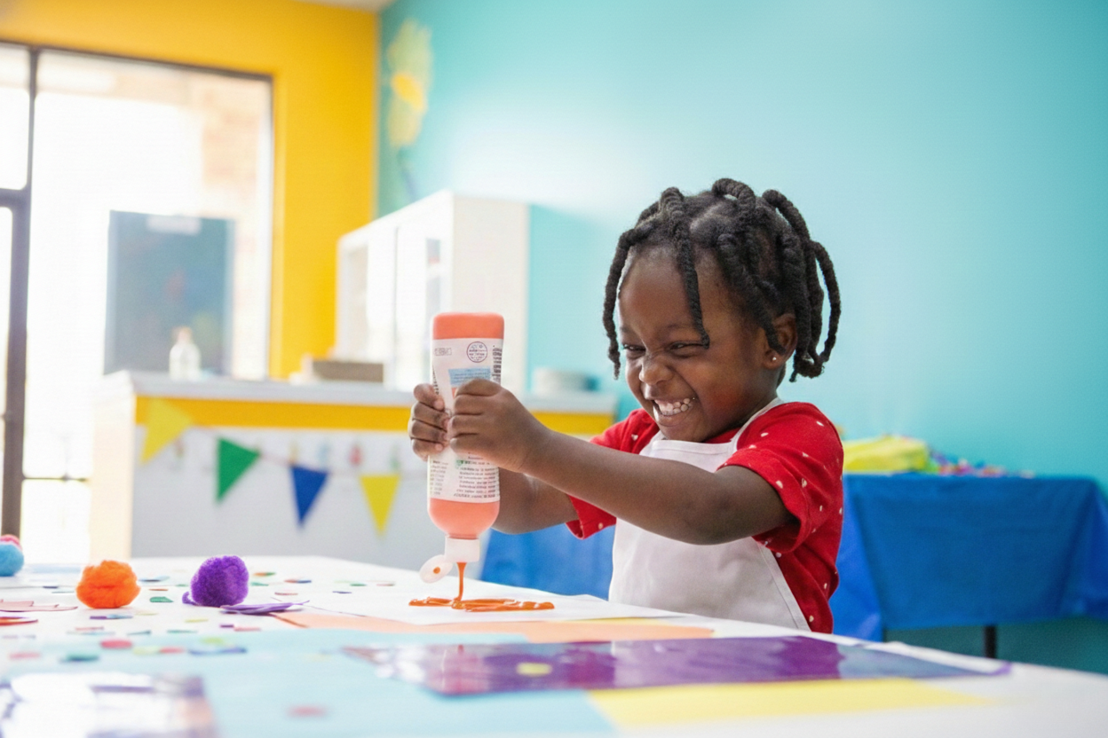 A young girl laughing as she squeezes orange paint onto paper during an art class